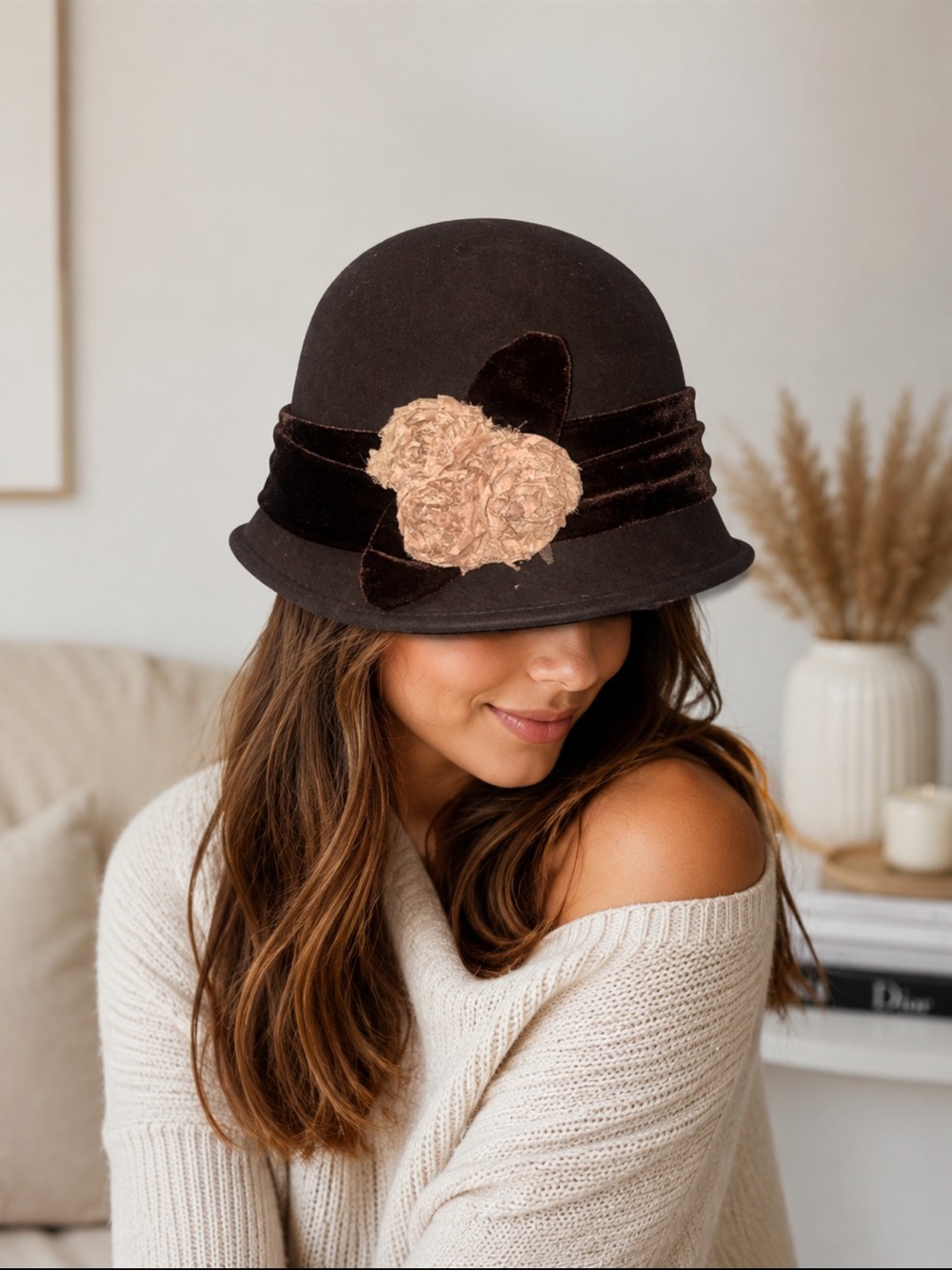 Vintage Scala Pronto Brown Merino Wool Cloche Bucket Hat Floral Y2K OS - Picture 1 of 4